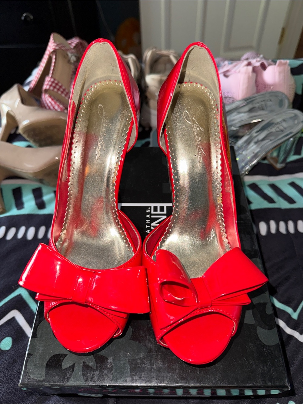 Johnathan Kayne Red Patent Peep-Toe Bow Heels